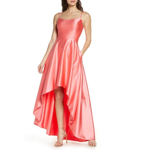 Xscape Satin High/Low Dress Coral 4 - Picture 1 of 7